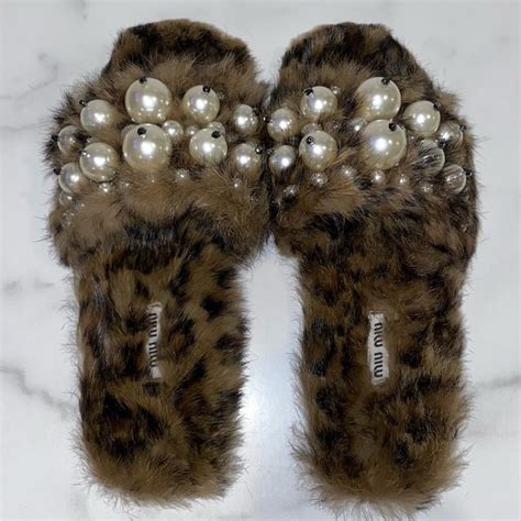 Authentic Miu Miu Leopard Print Fur Embellished Pearl Slide